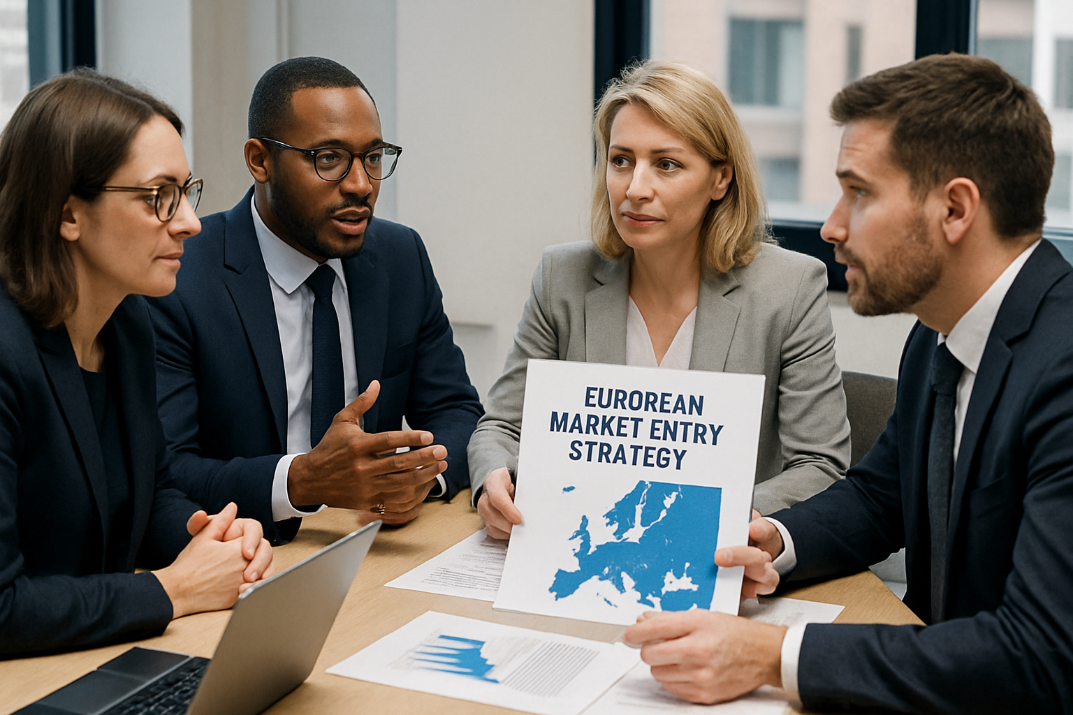 Business professionals discussing European market entry strategy
