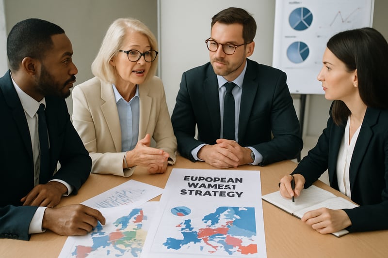 Business professionals discussing European market strategy