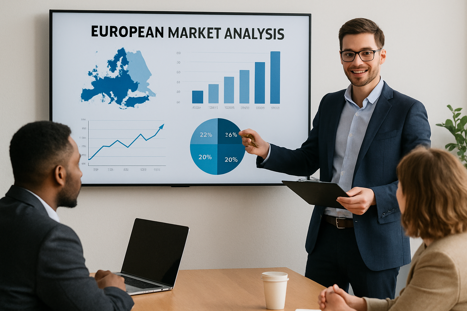 Consultant presenting European market analysis to clients